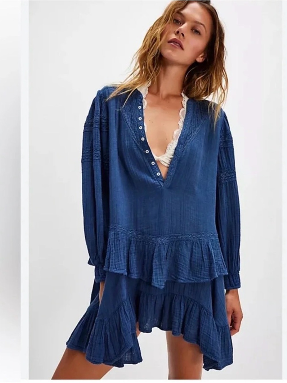 Free People Indigo Ruffle V-Neck Sachi Mini Dress